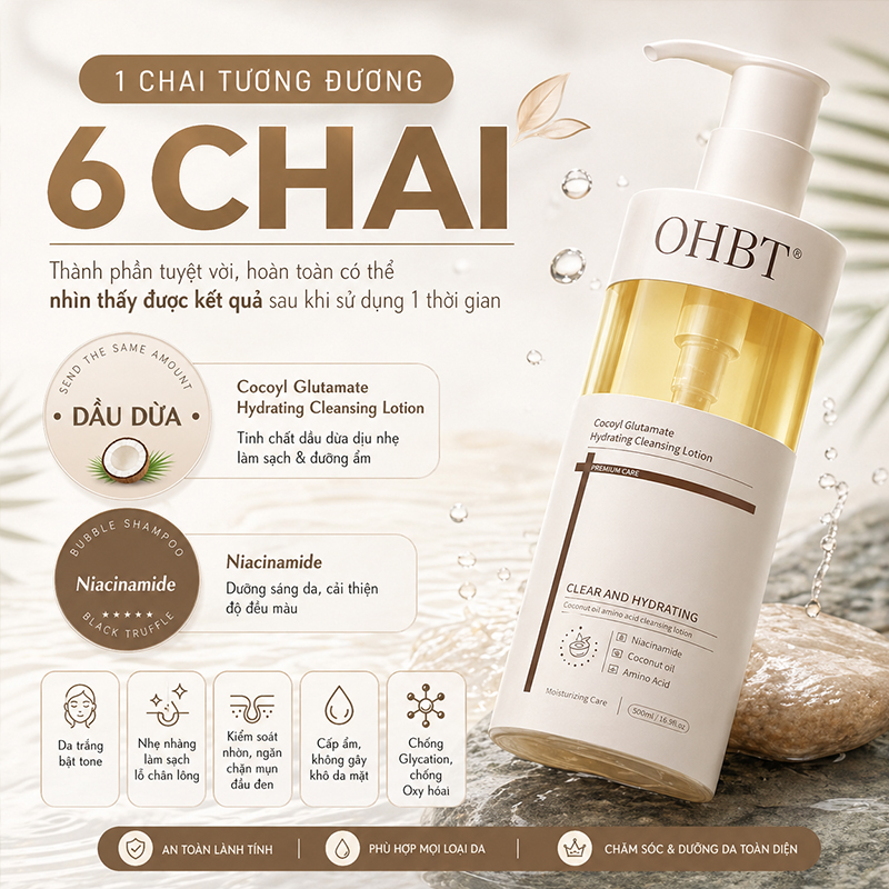 Sữa Rửa Mặt Dưỡng Ẩm Tinh Dầu Dừa OHBT Cococyl Glutamate Hydrating Cleaning Lotion 300ML