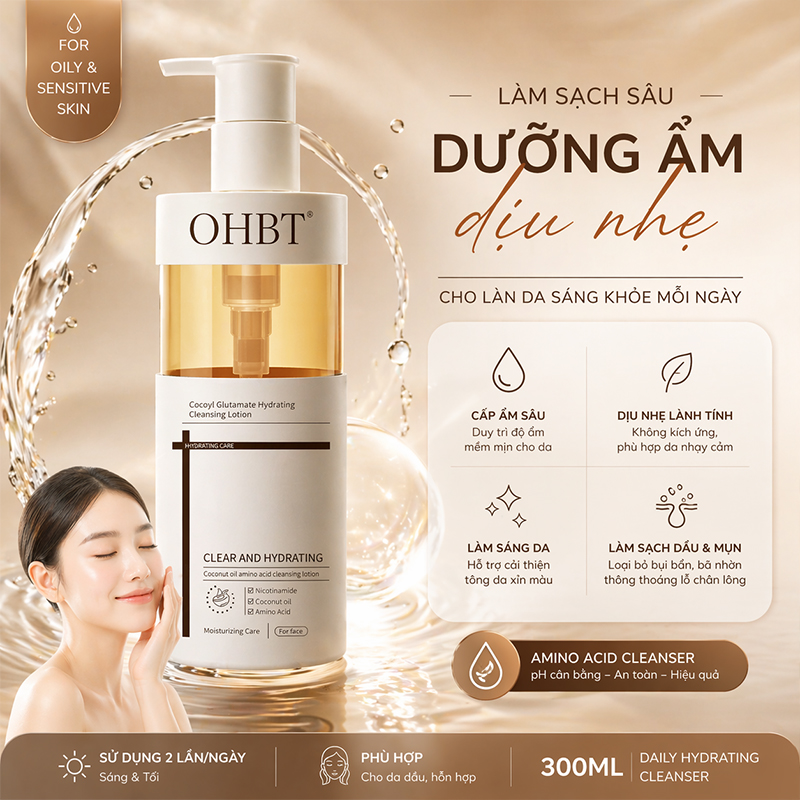 Sữa Rửa Mặt Dưỡng Ẩm Tinh Dầu Dừa OHBT Cococyl Glutamate Hydrating Cleaning Lotion 300ML