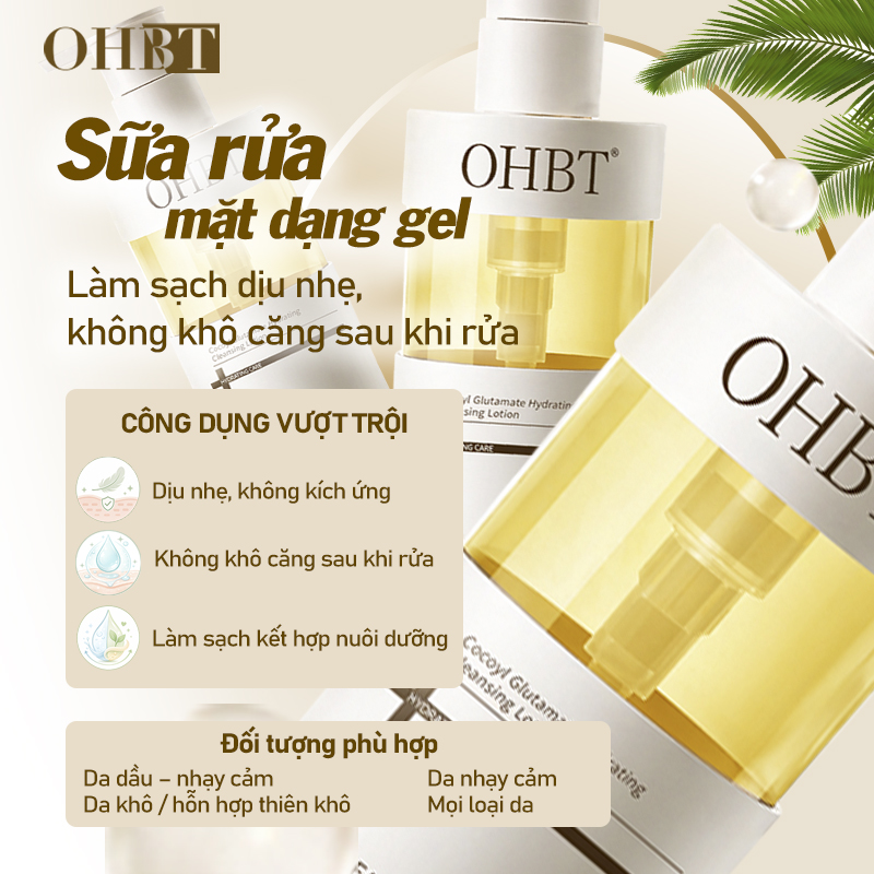 Sữa Rửa Mặt Dưỡng Ẩm Tinh Dầu Dừa OHBT Cococyl Glutamate Hydrating Cleaning Lotion 300ML