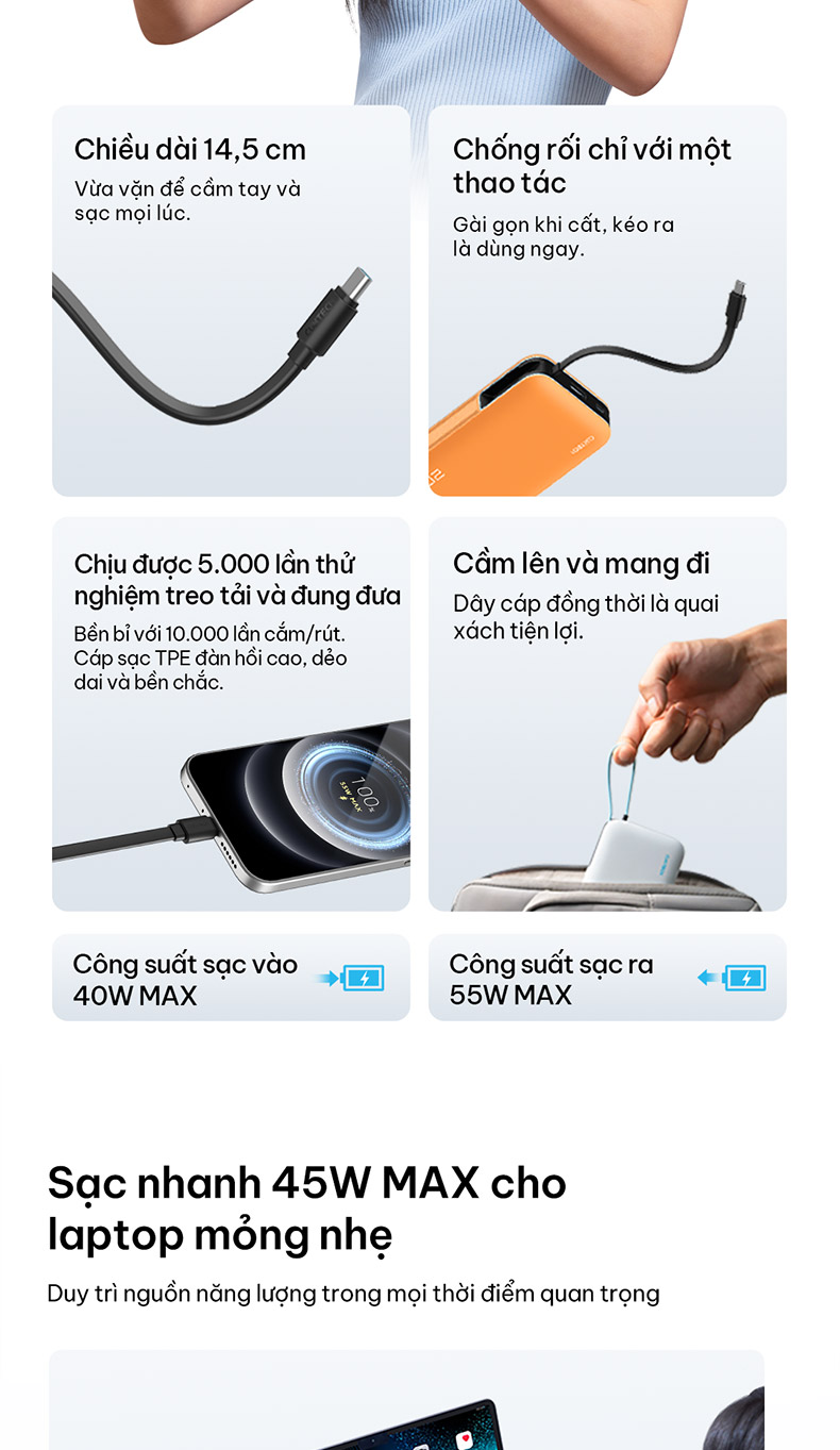 【Được chứng nhận CCC】CUKTECH Sạc Nhanh 55W 20000mAh – Tích Hợp Dây, Hỗ Trợ Xiaomi 55W Samsung 45W Laptop 45W iP 18/17/16 – ảnh mô tả chi tiết 7