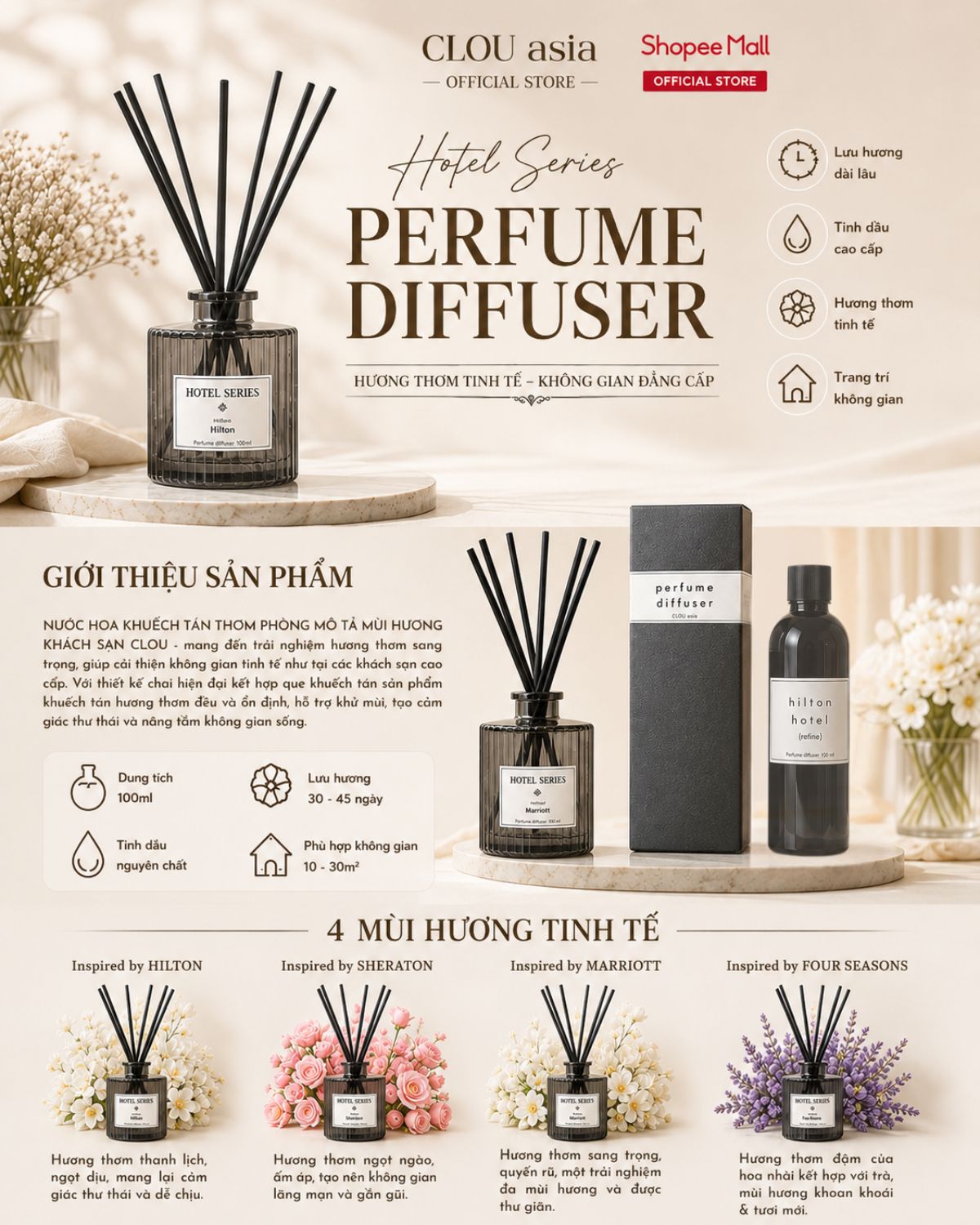 Nước Hoa Thơm Phòng Khuếch Tán Mô Tả Mùi Hương Khách Sạn HILTON, SHERATON, FOUR SEASONS, MARRIOTT 100ml | CLOU asia
