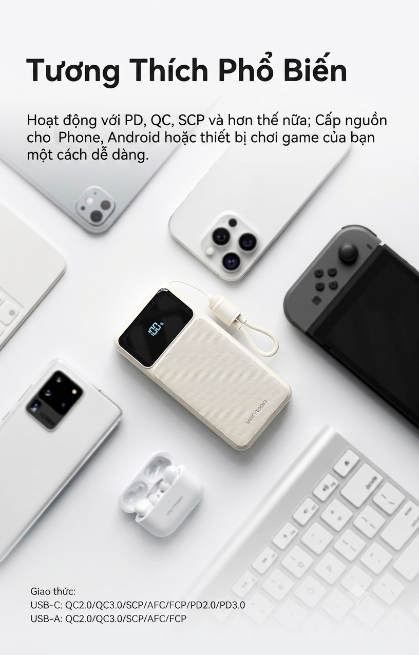 Pin Sạc Dự Phòng 20000mAh Vention 22.5W, Đạt Chuẩn 3C, 2 Cổng USB-A/C Kèm Dây Sạc Type C Màn LED Cho Điện Thoại Laptop – ảnh mô tả chi tiết 3