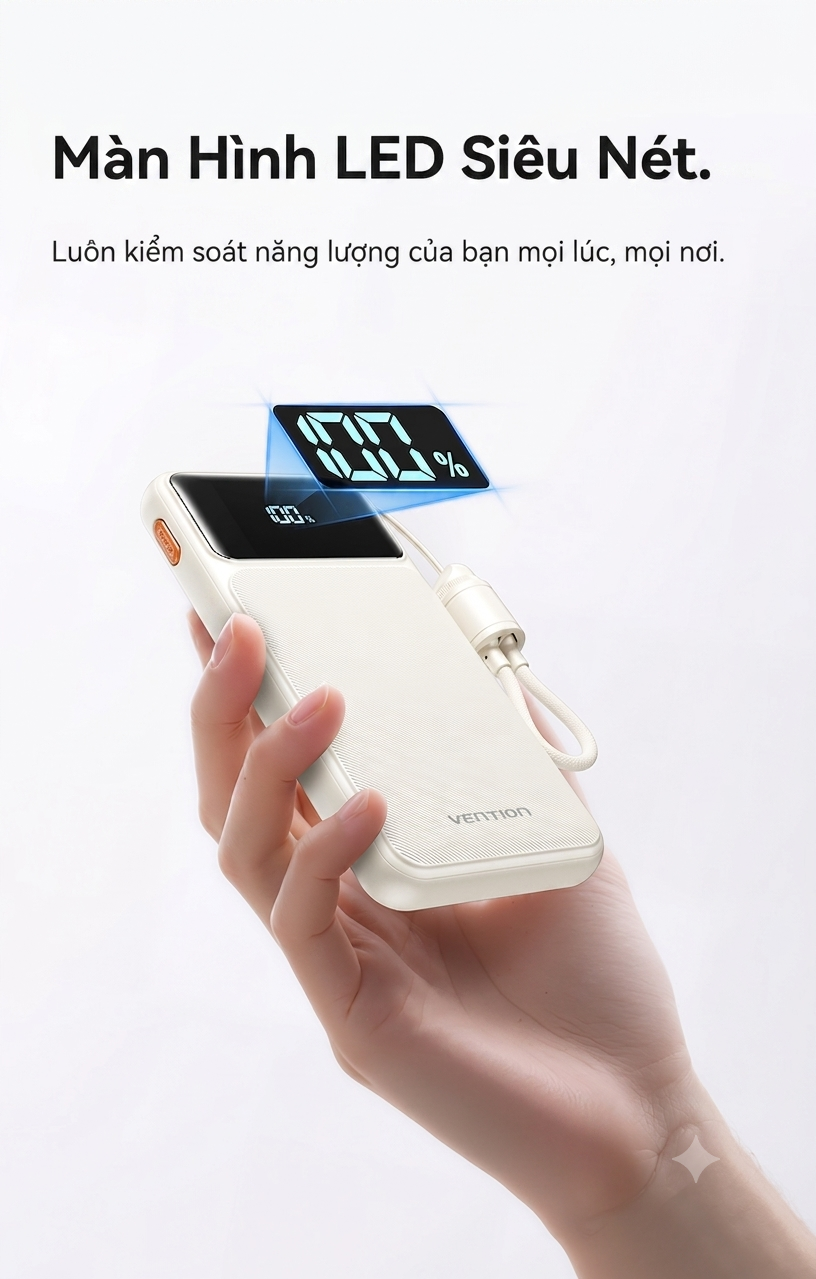 Pin Sạc Dự Phòng 20000mAh Vention 22.5W, Đạt Chuẩn 3C, 2 Cổng USB-A/C Kèm Dây Sạc Type C Màn LED Cho Điện Thoại Laptop – ảnh mô tả chi tiết 5