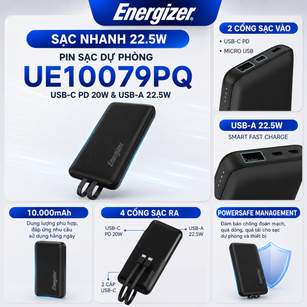 Pin dự phòng Energizer Li-polymer 10.000mAh Max 22.5W, Sạc nhanh PD cho iP/ Samsung, Bảo Hành 1 Năm – ảnh mô tả chi tiết 7
