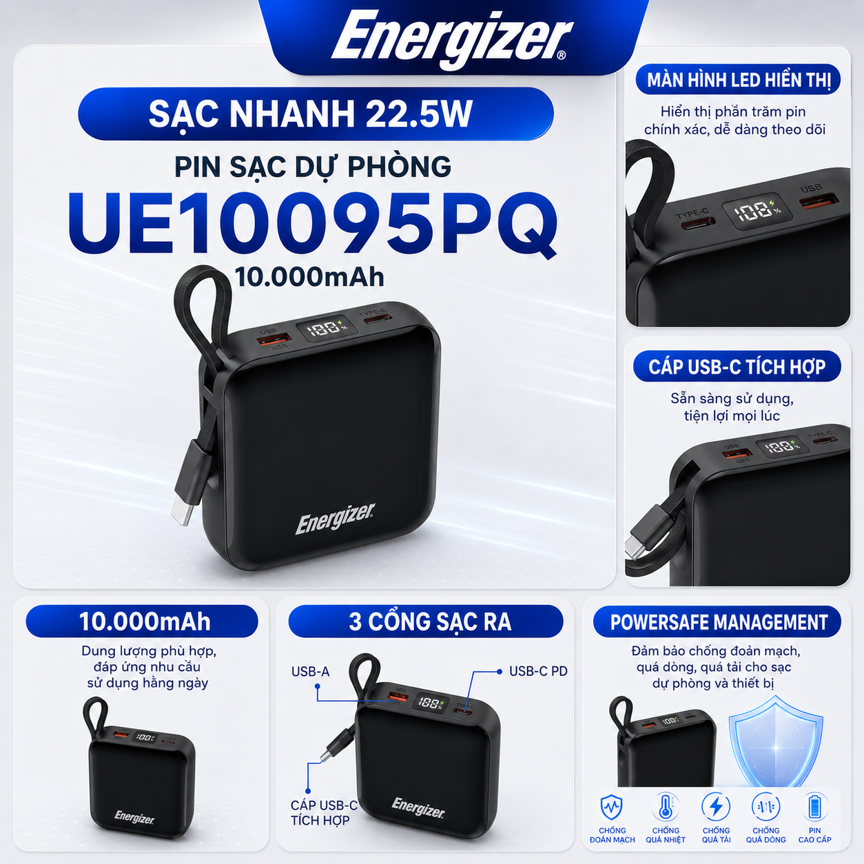 Pin dự phòng Energizer Li-polymer 10.000mAh Max 22.5W, Sạc nhanh PD cho iP/ Samsung, Bảo Hành 1 Năm – ảnh mô tả chi tiết 8