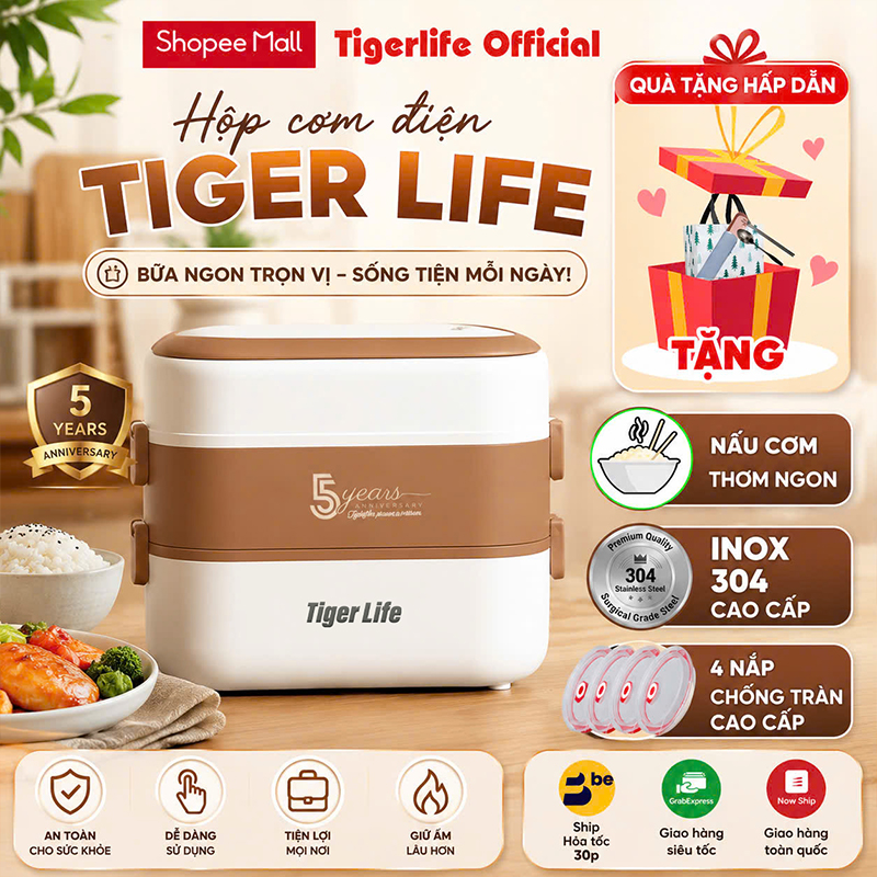 Hộp cơm cắm điện, Tiger Life model mới loại 2 bát và 4 bát đa năng nấu cơm, đồ ăn, hâm nóng, Dung tích 1L, 2L