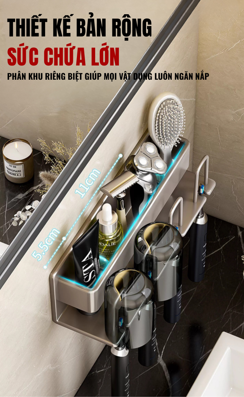 Kệ Để Bàn Chải Đánh Răng Dán Tường INNO HOME | Hợp Kim Nhôm Chống Han Gỉ - Không Cần Khoan Tường - Đa Năng