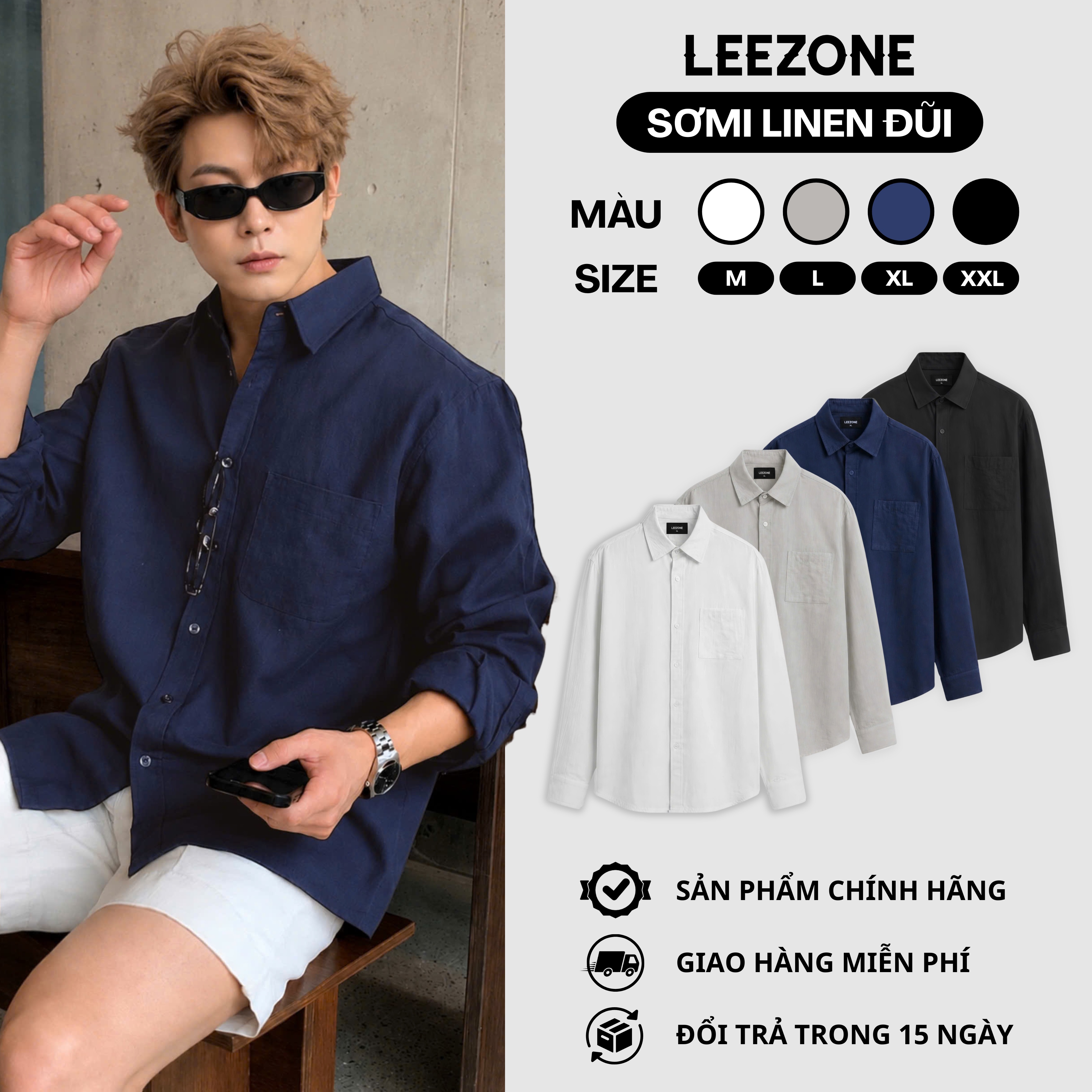 [MỞ BÁN] Áo Sơ Mi Linen Đũi Mát Nam Đi Biển LeeZone Form Rộng | Sơ Mi Đũi Trơn Dài Tay Cổ Đức