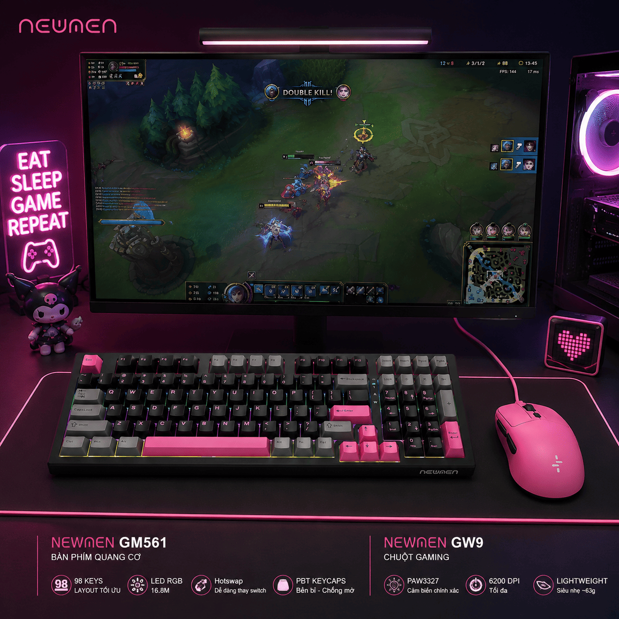 [NEWMEN] Combo bàn phím chuột máy tính GM561 + GW9 PINK – SETUP CỰC ...