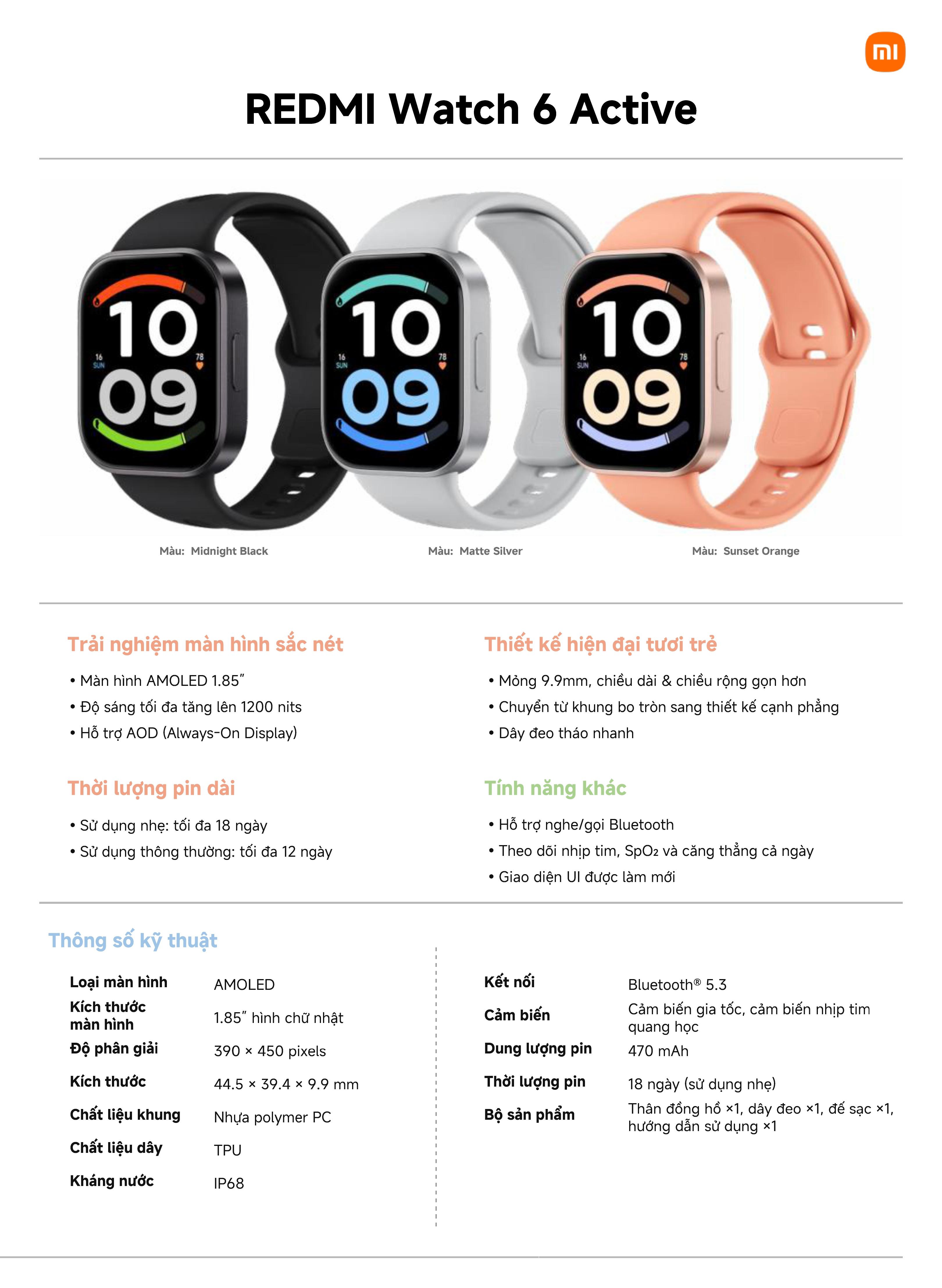 Đồng Hồ Thông Minh Xiaomi Redmi Watch 6 ACTIVE/ 5 ACTIVE / Watch 5 LITE | Nghe Gọi Bluetooth | Chống Nước | Bảo Hành 12T – ảnh mô tả chi tiết 3