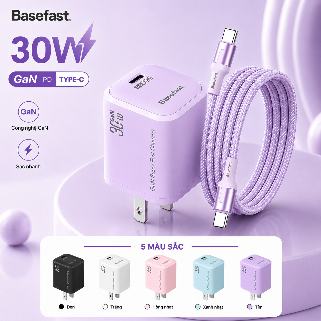 Combo bộ sạc nhanh Type C 30w Basefast Củ sạc Gan kèm dây dù 60w cho ip 15 16 17 18 samsung android – ảnh mô tả chi tiết 1