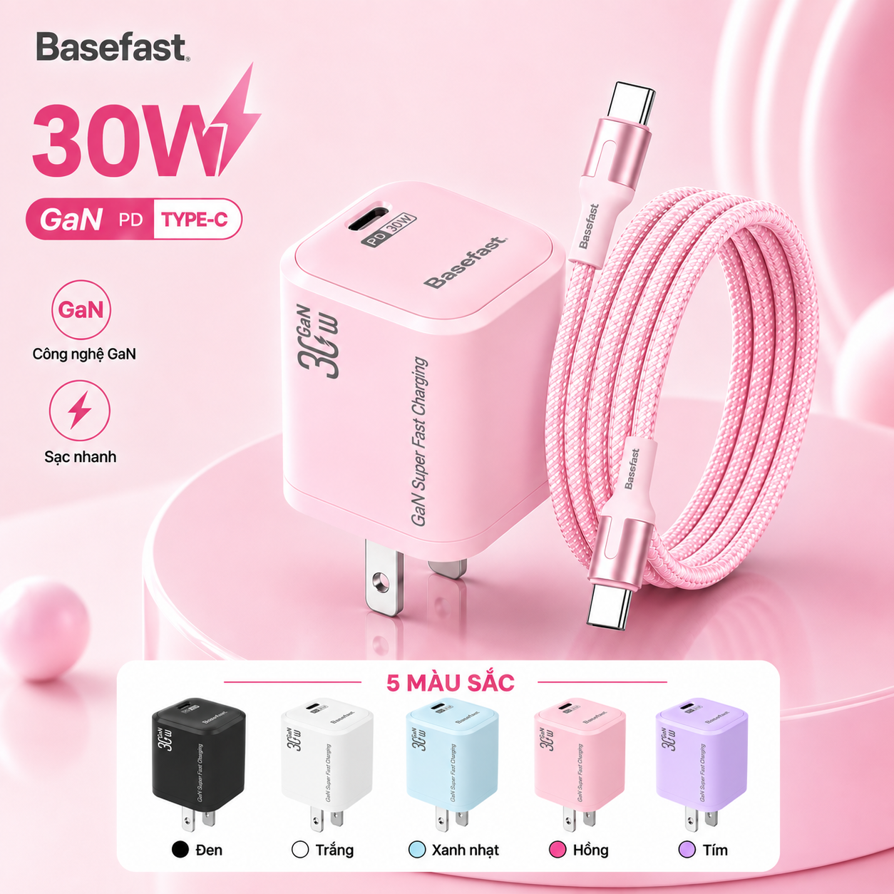 Combo bộ sạc nhanh Type C 30w Basefast Củ sạc Gan kèm dây dù 60w cho ip 15 16 17 18 samsung android – ảnh mô tả chi tiết 2