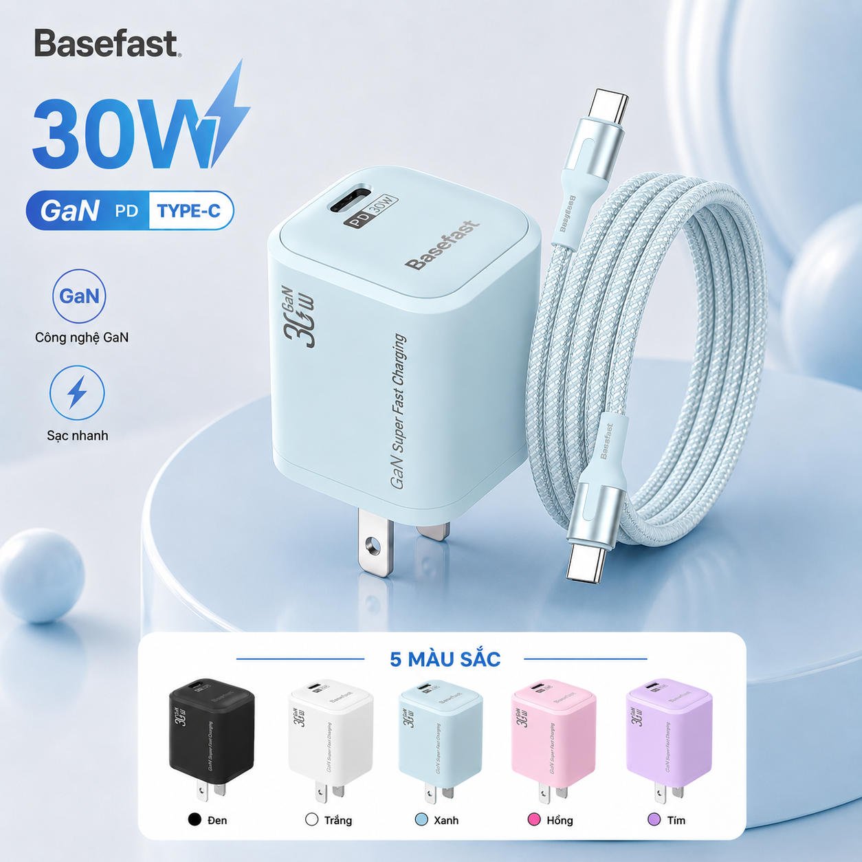 Combo bộ sạc nhanh Type C 30w Basefast Củ sạc Gan kèm dây dù 60w cho ip 15 16 17 18 samsung android – ảnh mô tả chi tiết 3