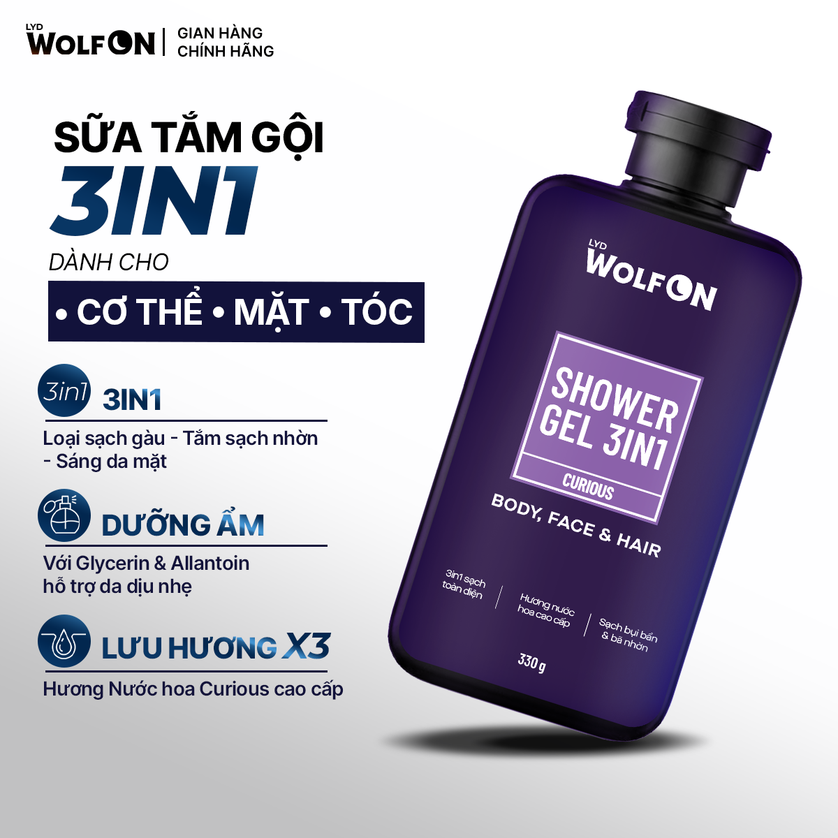 Combo Sữa Tắm Gội Nam 3in1 LYD Wolf On Curious 330g và Xịt khử mùi cơ thể 60ml lưu hương, hương nước hoa