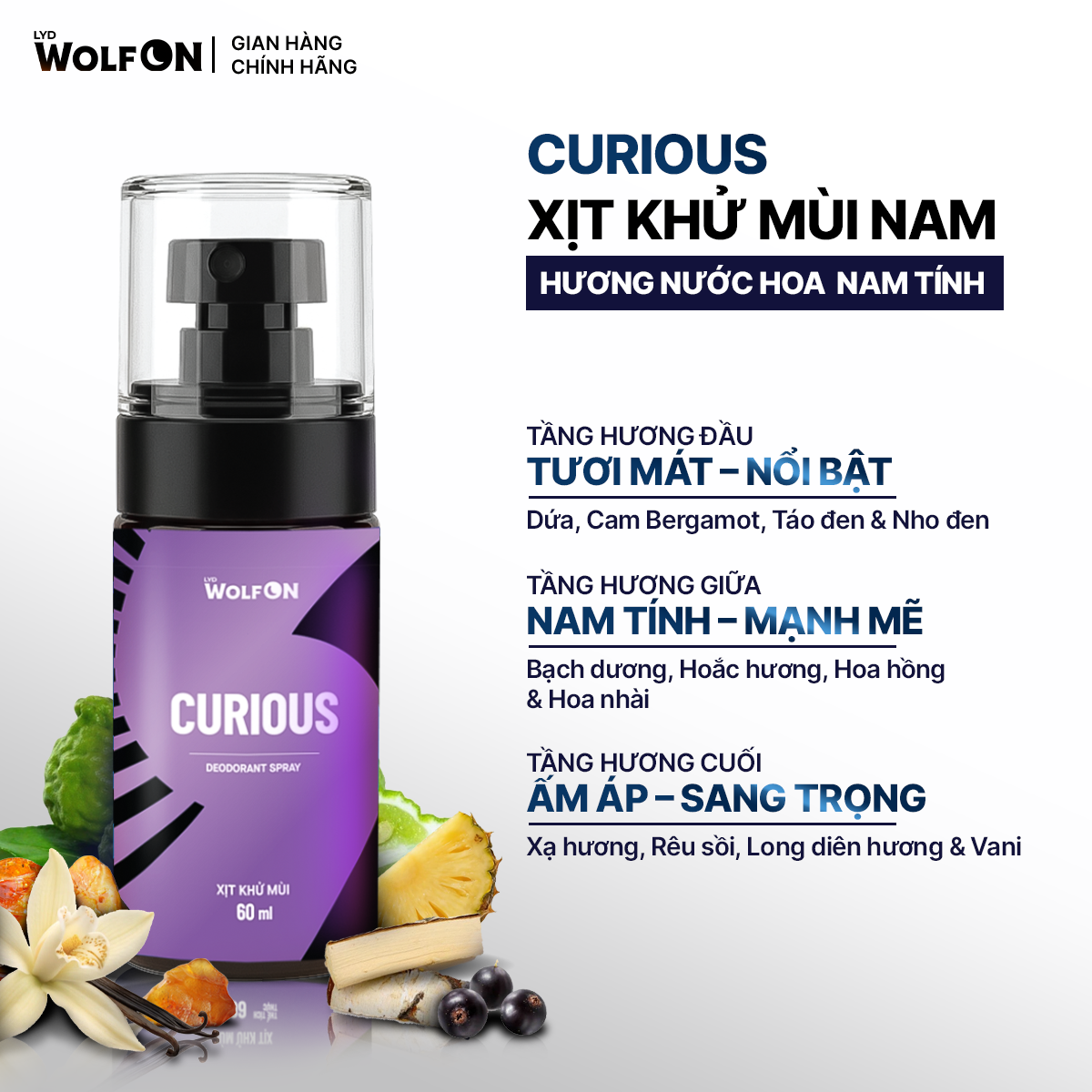 Combo Sữa Tắm Gội Nam 3in1 LYD Wolf On Curious 330g và Xịt khử mùi cơ thể 60ml lưu hương, hương nước hoa