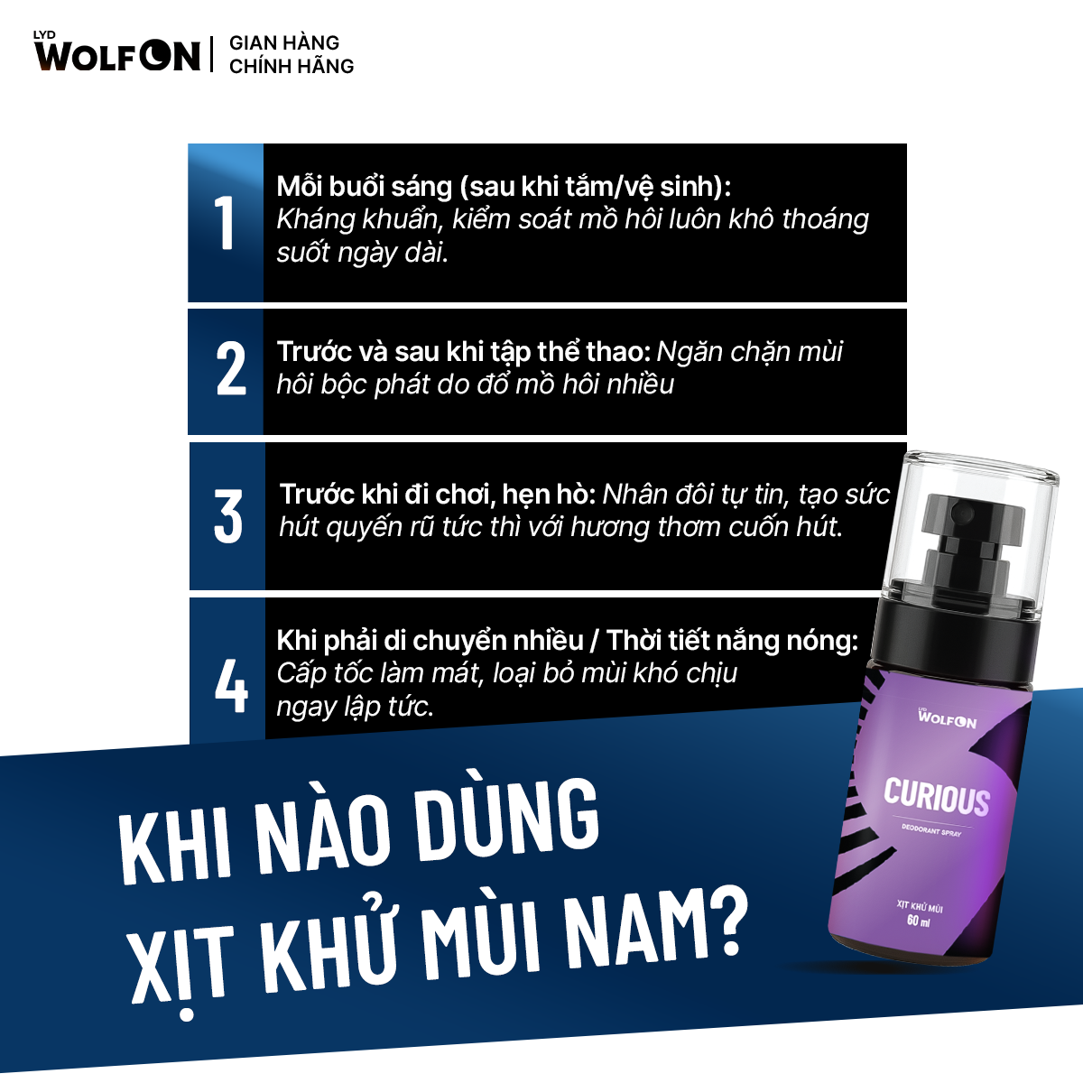 Combo Sữa Tắm Gội Nam 3in1 LYD Wolf On Curious 330g và Xịt khử mùi cơ thể 60ml lưu hương, hương nước hoa
