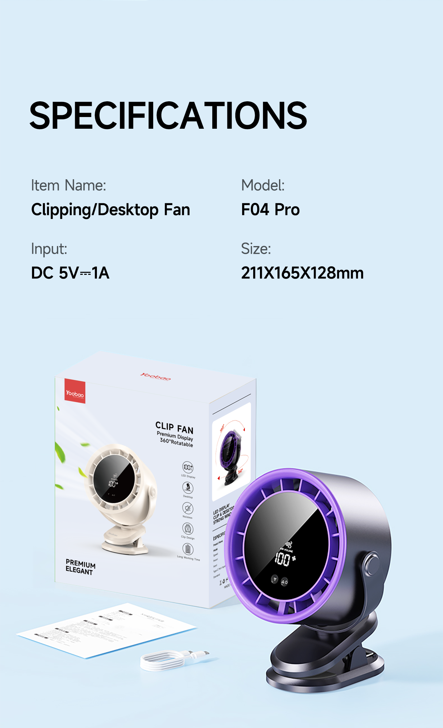Đặc điểm quạt YOOBAO F04 Pro đầu gập linh hoạt 720 độ