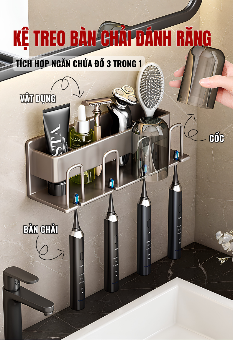 Kệ Để Bàn Chải Đánh Răng Dán Tường INNO HOME | Hợp Kim Nhôm Chống Han Gỉ - Không Cần Khoan Tường - Đa Năng