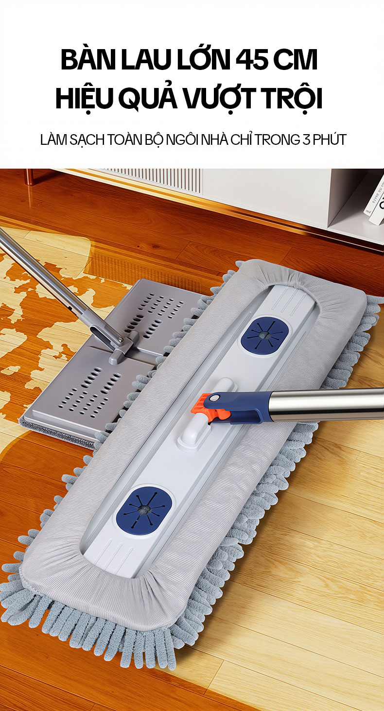 Cây Lau Nhà Tự Vắt KITIMOP CORAL KTMC-01, Chổi Lau Nhà Tự Vắt Thông Minh Xoay 360 Độ, 2 Bông Lau