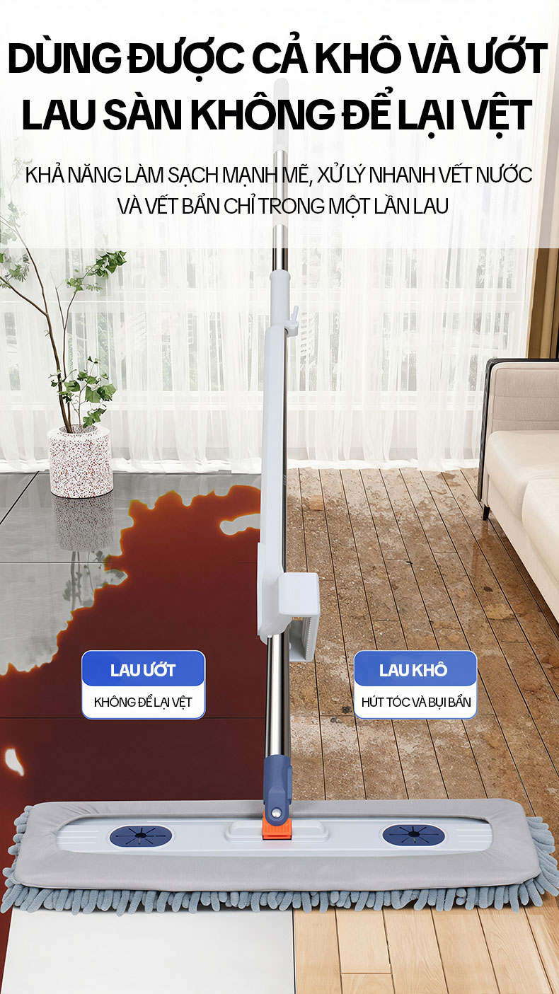Cây Lau Nhà Tự Vắt KITIMOP CORAL KTMC-01, Chổi Lau Nhà Tự Vắt Thông Minh Xoay 360 Độ, 2 Bông Lau