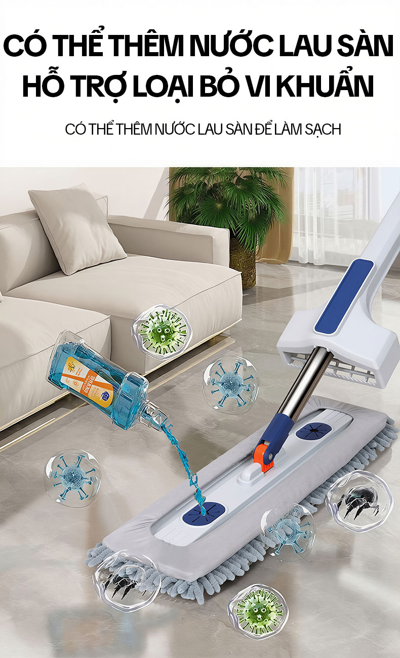 Cây Lau Nhà Tự Vắt KITIMOP CORAL KTMC-01, Chổi Lau Nhà Tự Vắt Thông Minh Xoay 360 Độ, 2 Bông Lau