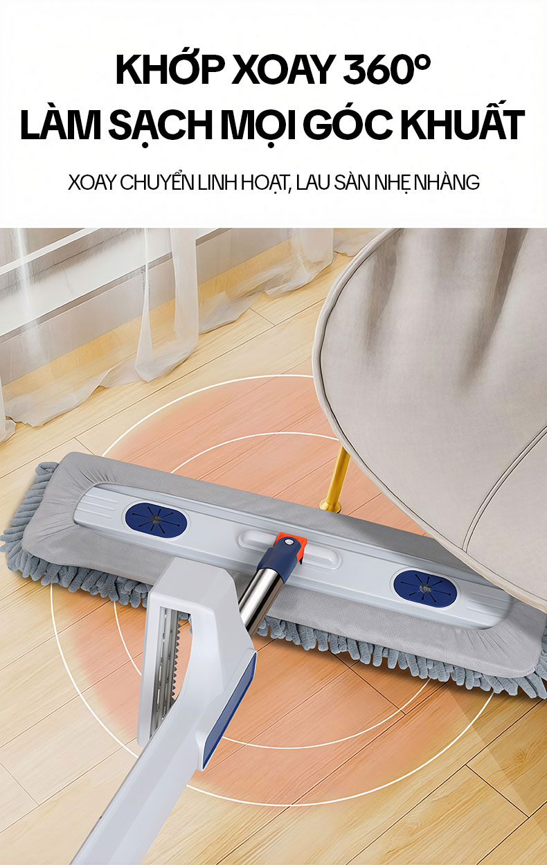 Cây Lau Nhà Tự Vắt KITIMOP CORAL KTMC-01, Chổi Lau Nhà Tự Vắt Thông Minh Xoay 360 Độ, 2 Bông Lau