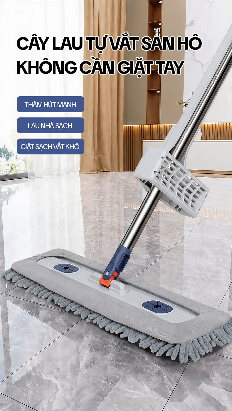 Cây Lau Nhà Tự Vắt KITIMOP CORAL KTMC-01, Chổi Lau Nhà Tự Vắt Thông Minh Xoay 360 Độ, 2 Bông Lau