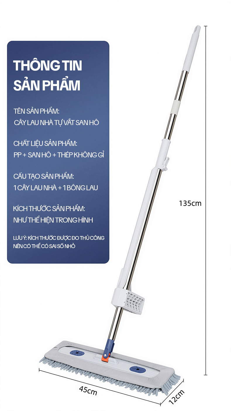Cây Lau Nhà Tự Vắt KITIMOP CORAL KTMC-01, Chổi Lau Nhà Tự Vắt Thông Minh Xoay 360 Độ, 2 Bông Lau