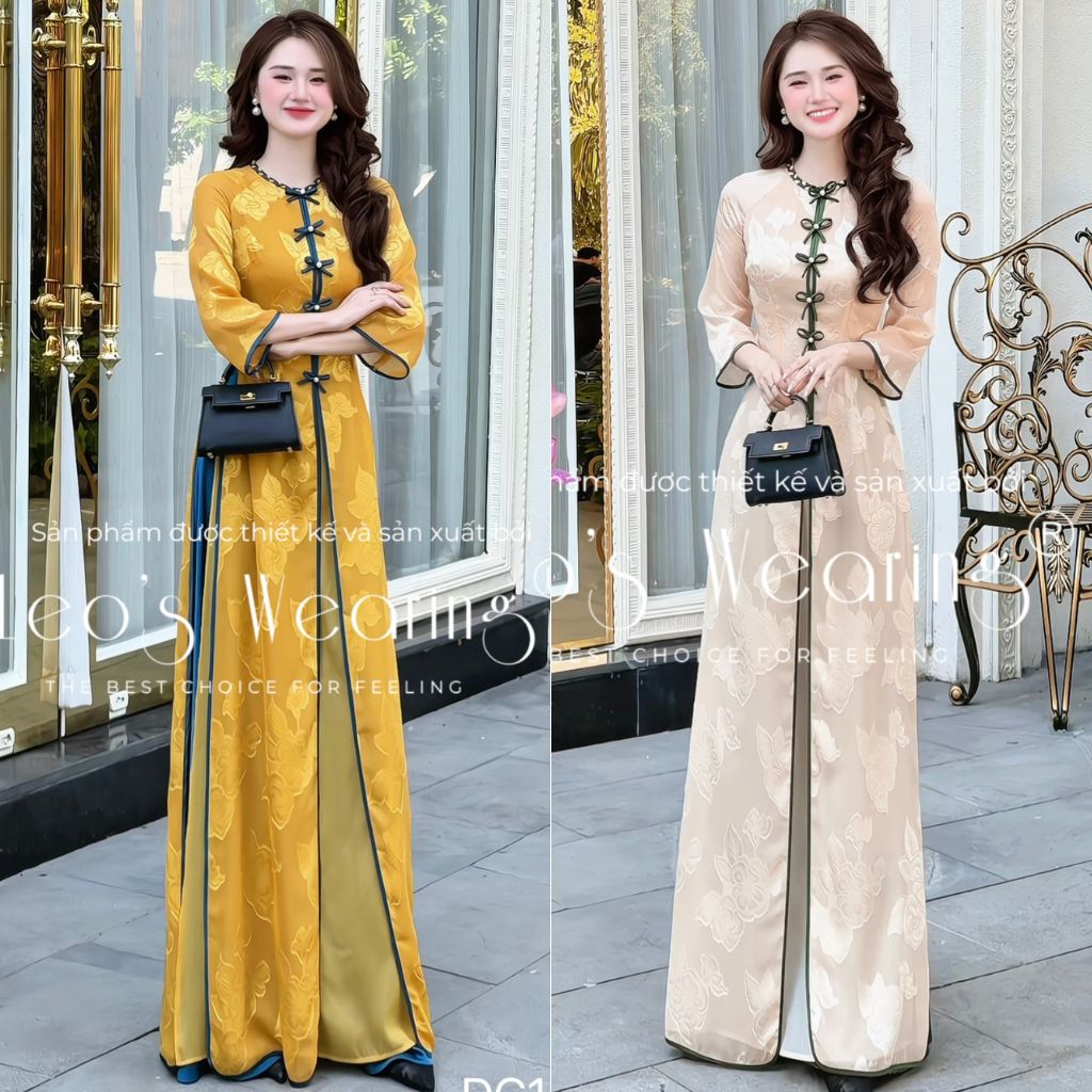 Áo Dài Tơ Dệt Hoa Nổi 4 Tà LEOSWEARING, Cổ Tròn Đính Nơ Kèm Quần Váy ...
