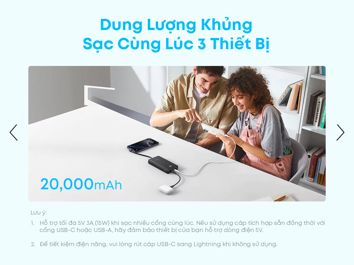Sạc dự phòng Anker Zolo A110D/A110E 20000mAh, chuẩn 3C Trung Quốc, cáp USB-C tích hợp, sạc nhanh 22.5W – ảnh mô tả chi tiết 2