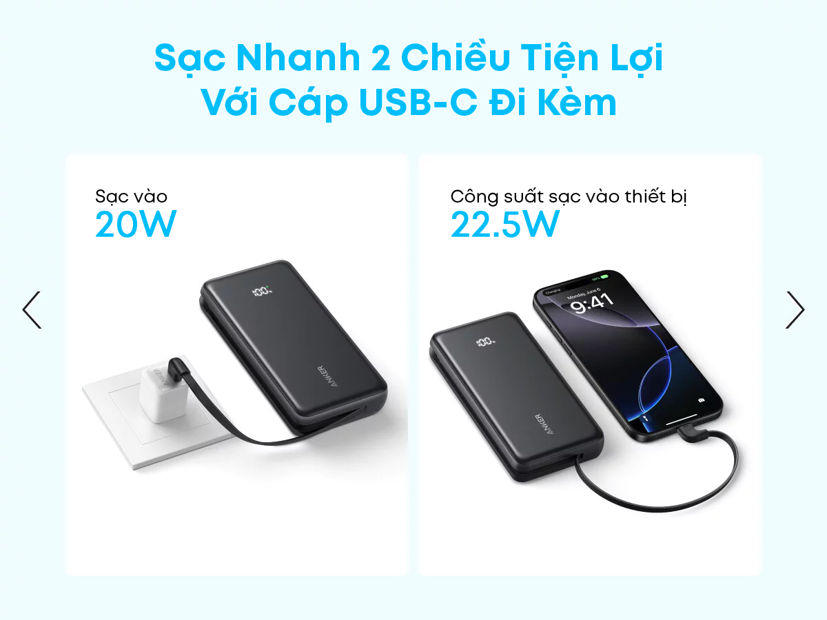 Sạc dự phòng Anker Zolo A110D/A110E 20000mAh, chuẩn 3C Trung Quốc, cáp USB-C tích hợp, sạc nhanh 22.5W – ảnh mô tả chi tiết 3