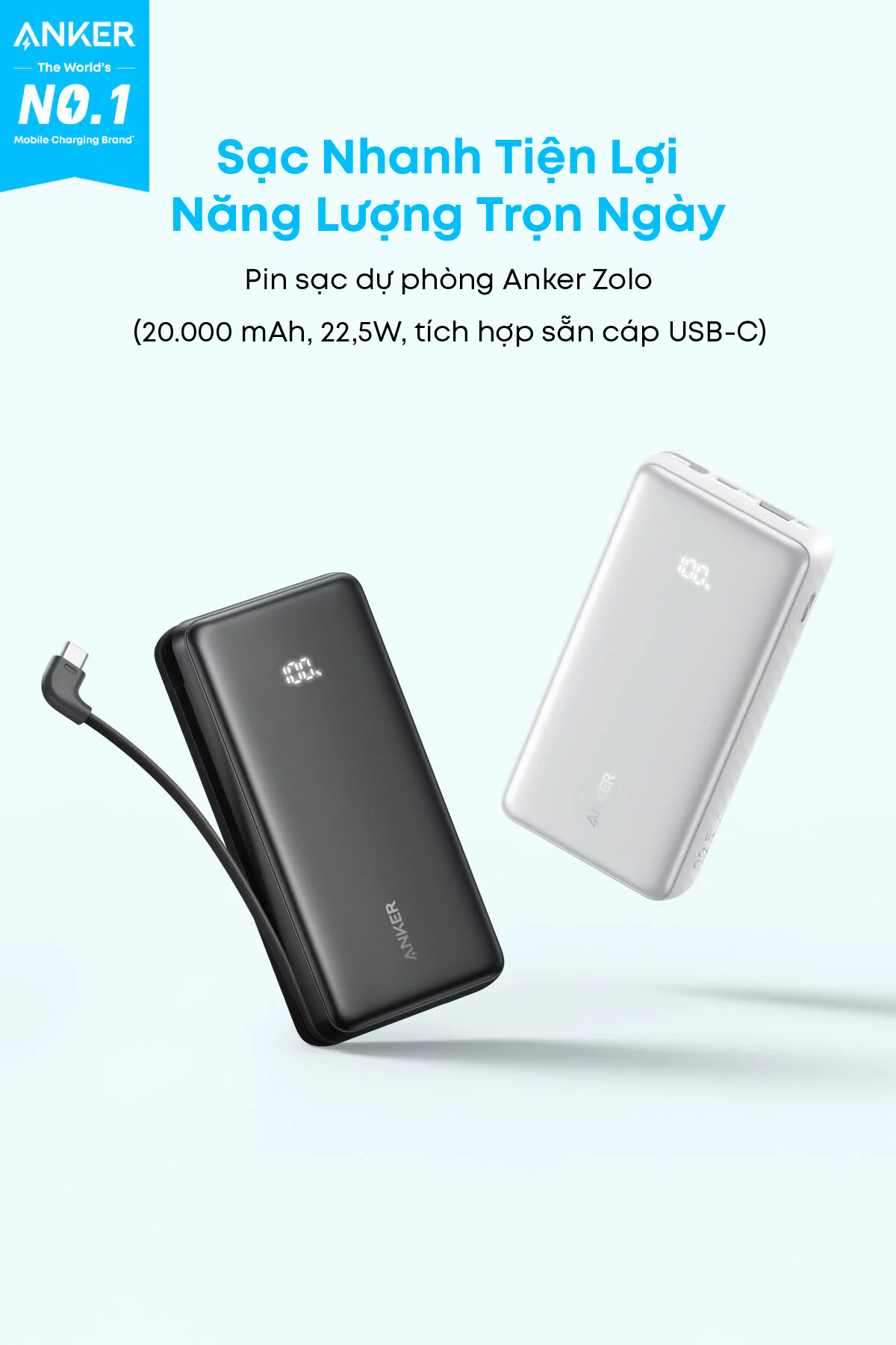 Sạc dự phòng Anker Zolo A110D/A110E 20000mAh, chuẩn 3C Trung Quốc, cáp USB-C tích hợp, sạc nhanh 22.5W – ảnh mô tả chi tiết 1