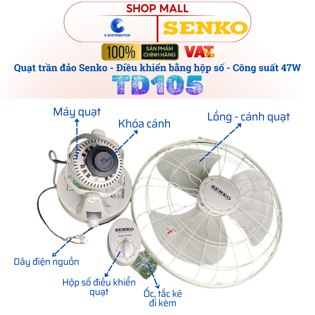 [HỎA TỐC] Quạt Trần Đảo Senko TD105 điều khiển bằng hộp số - Công suất ...