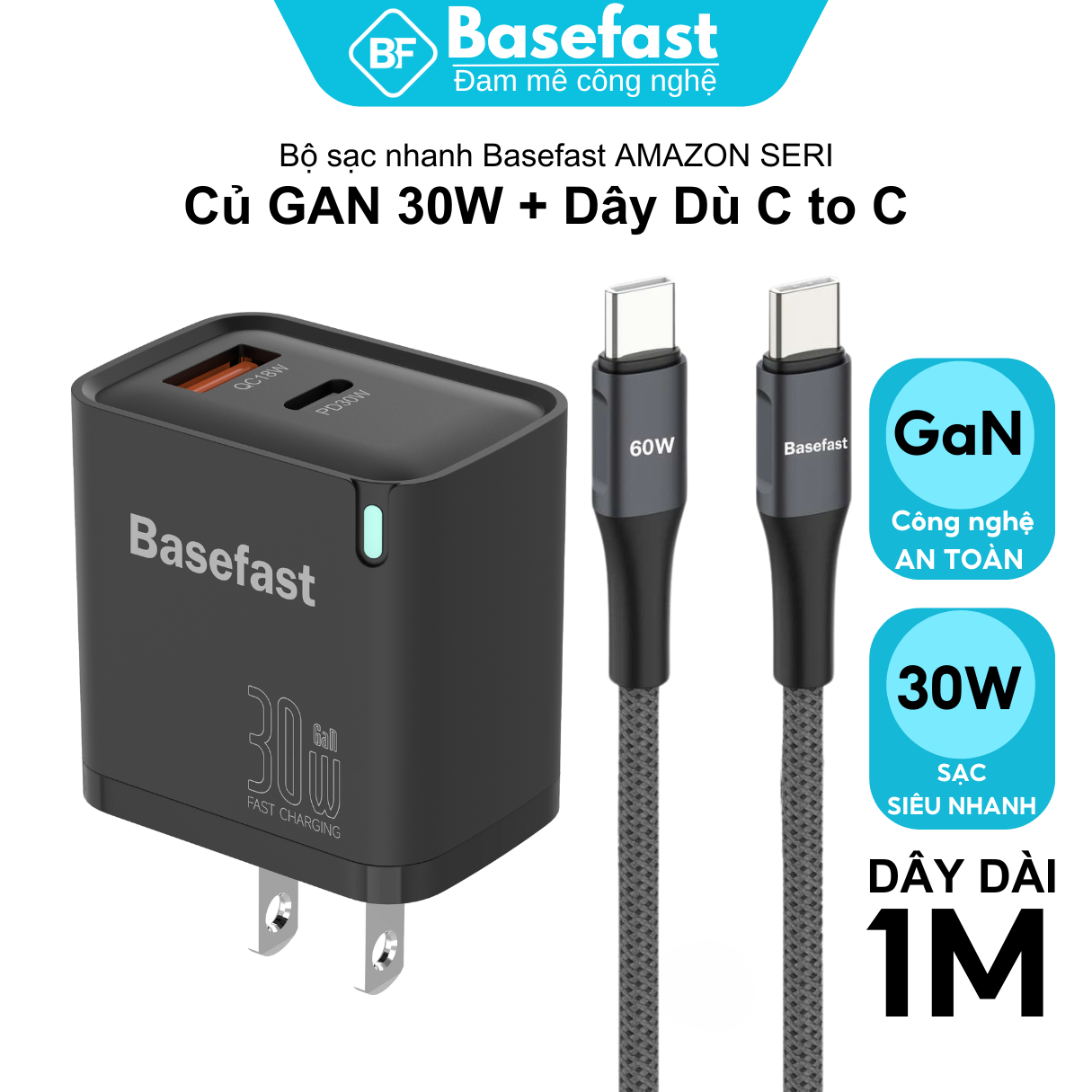 Bộ Sạc Nhanh 30W Basefast GaN Cho 15/16/17PRM Samsung/Oppo Cáp 2 Đầu Type C 1M 2M – ảnh mô tả chi tiết 3