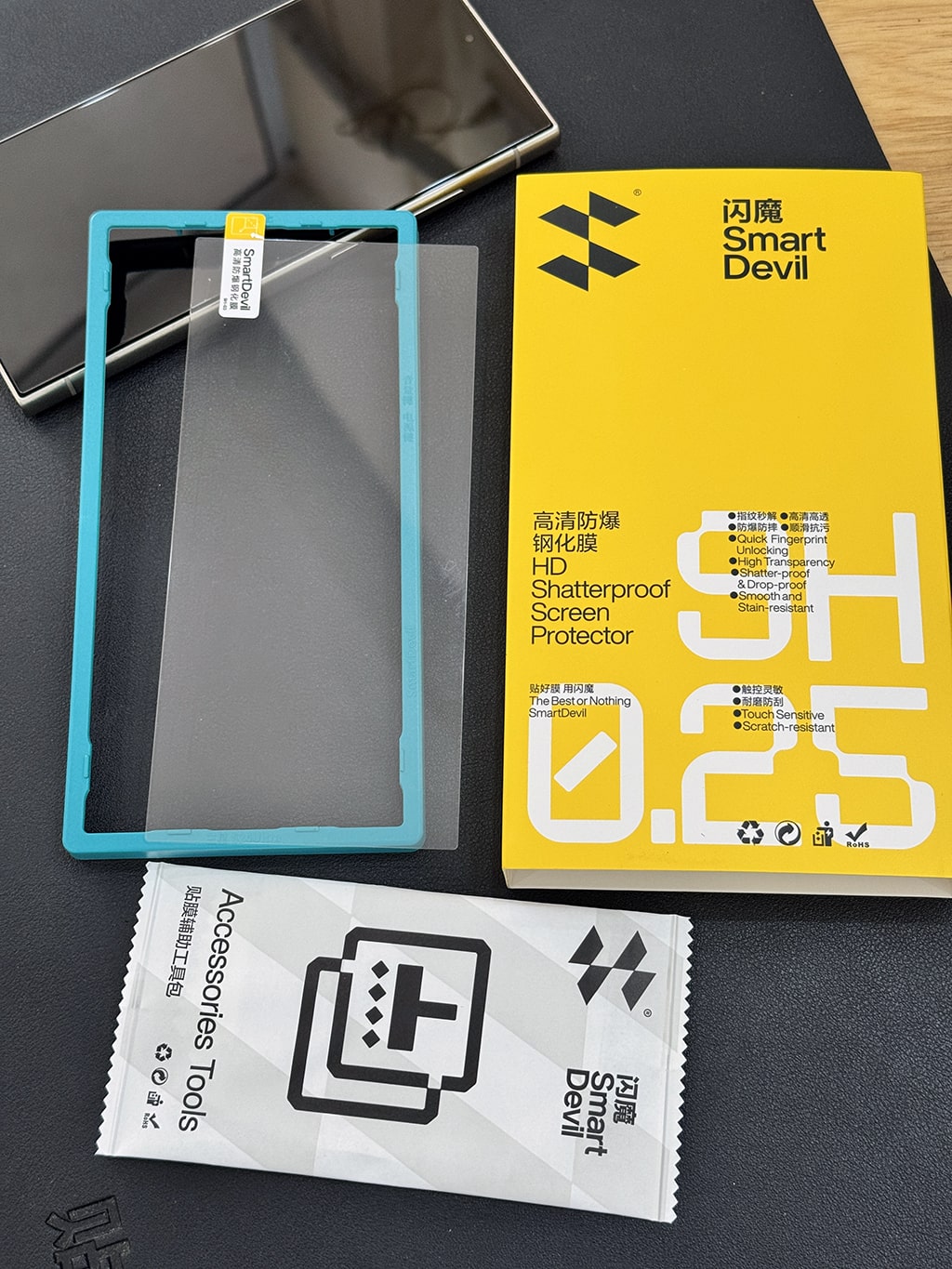 Kính cường lực dùng cho Samsung Galaxy S24 Ultra / S25 Ultra / S26 Ultra full màn hình hãng Smart Devil có khung hỗ trợ – ảnh mô tả chi tiết 9