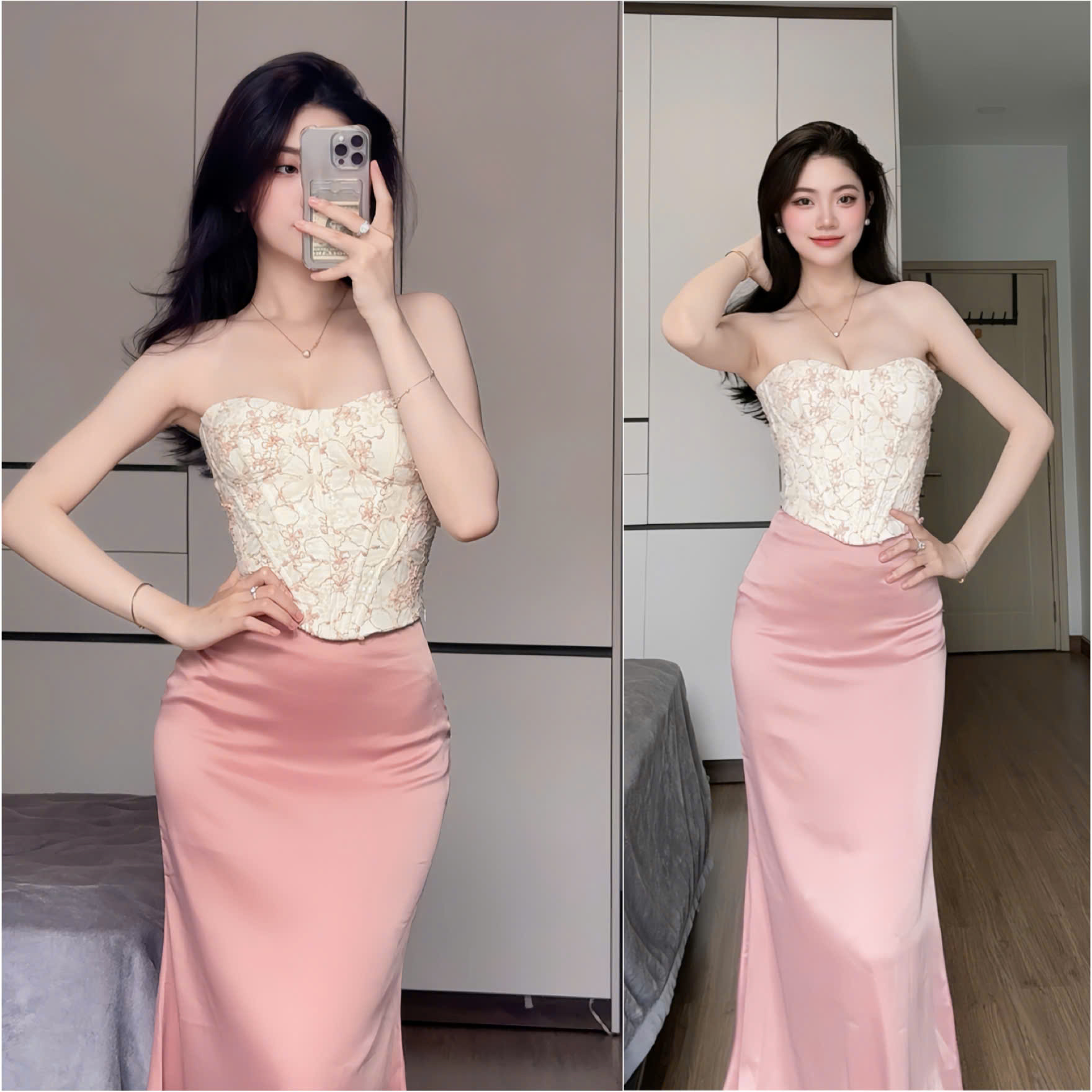 Set Áo Corset A121 Dây Rút Sau Lưng Tôn Eo phối Chân Váy Lụa Đuôi Cá ...