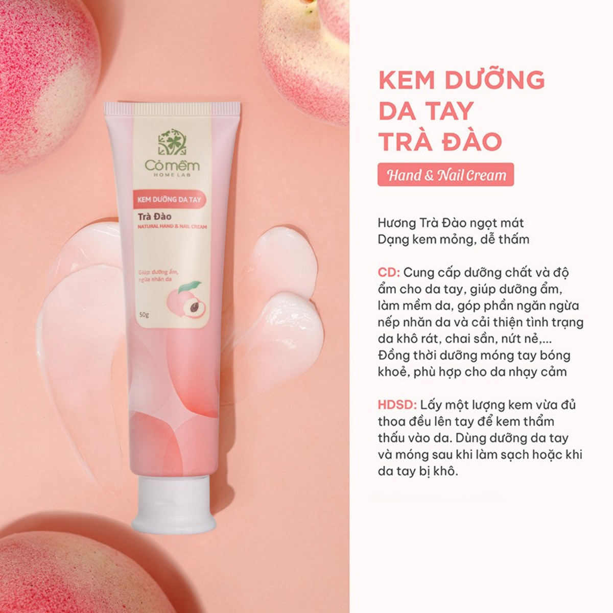 Kem Dưỡng Da Tay Và Móng Trà Đào Dưỡng Ẩm Bảo Vệ Da Và Móng Cỏ Mềm 50g
