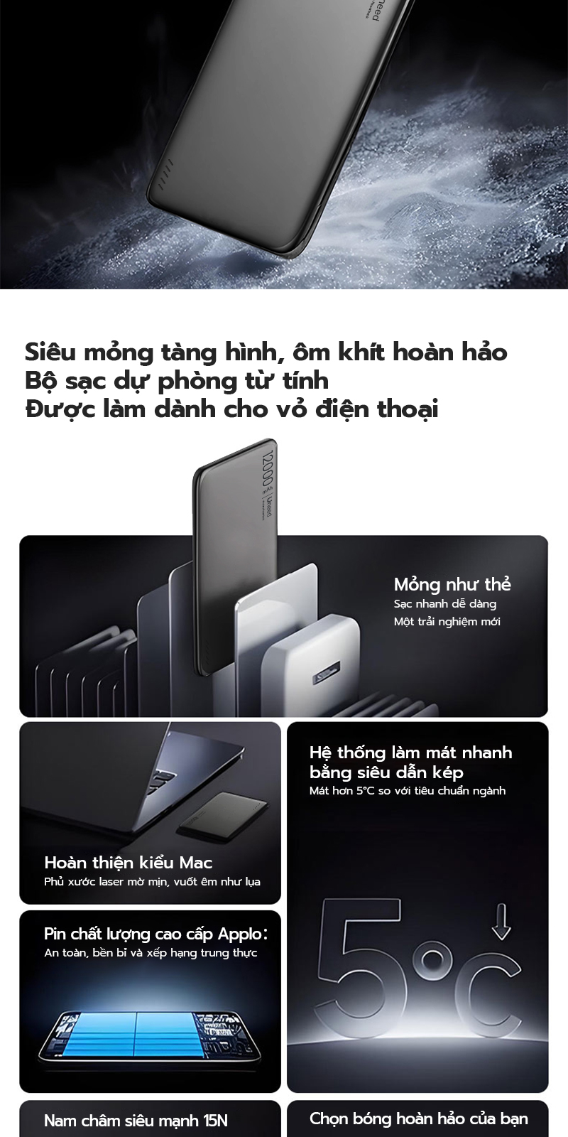 UNEED Pin sạc dự phòng từ tính QI2 20W Sạc nhanh nhiệt độ thấp Thân siêu mỏng 0.65cm Hút từ mạnh 12000/6000mAh – ảnh mô tả chi tiết 2