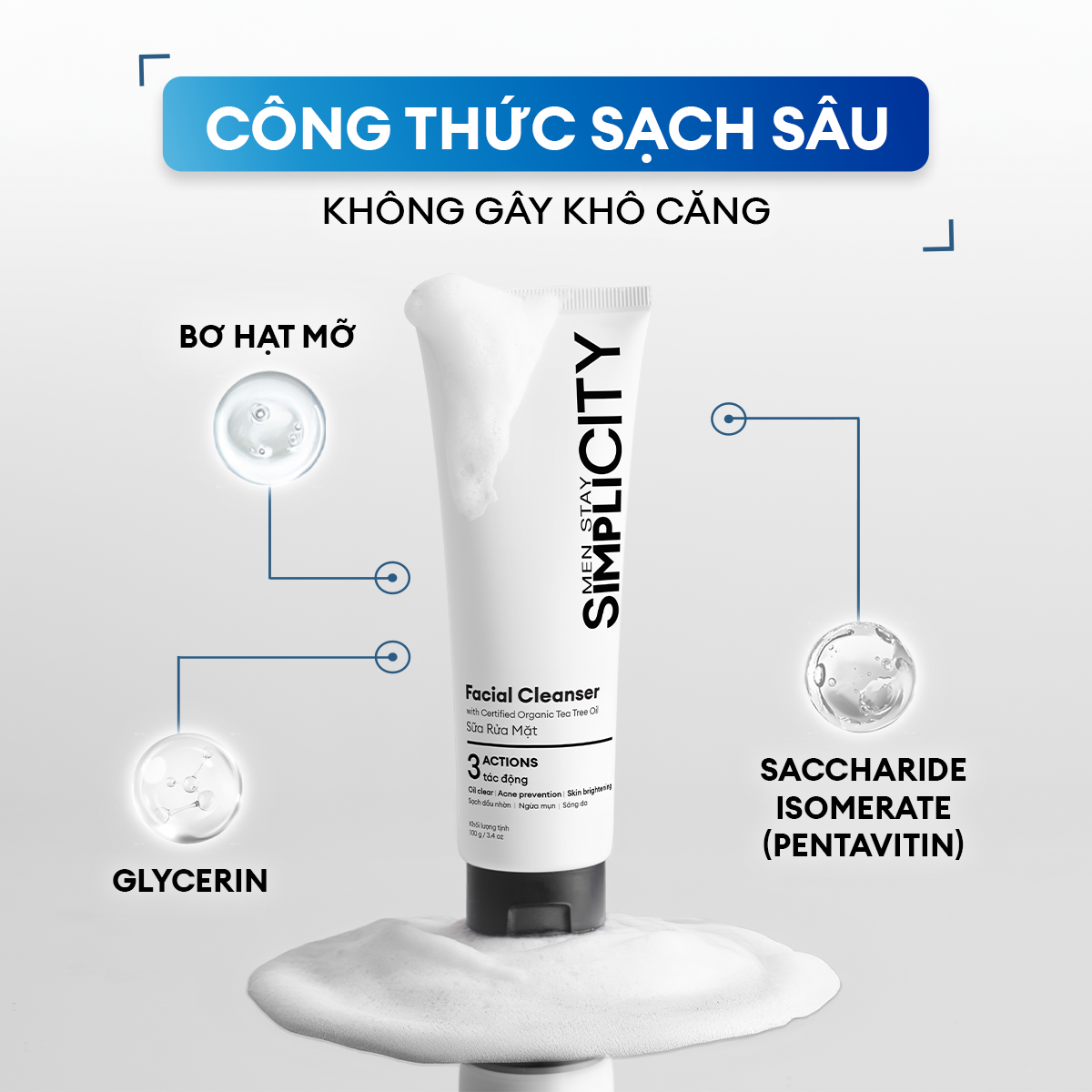 Combo Acne Duo giảm mụn sưng viêm cho nam Men Stay Simplicity: Sữa rửa mặt 100g và Serum Calm 30ml
