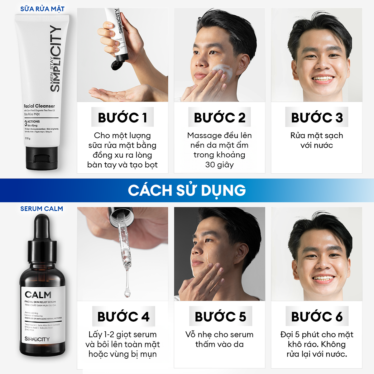 Combo Acne Duo giảm mụn sưng viêm cho nam Men Stay Simplicity: Sữa rửa mặt 100g và Serum Calm 30ml