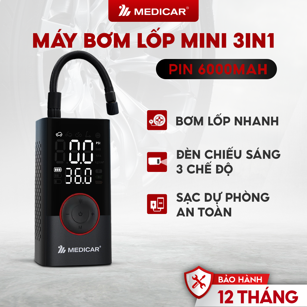 Bơm lốp di động Medicar tích hợp cảm biến áp suất lốp