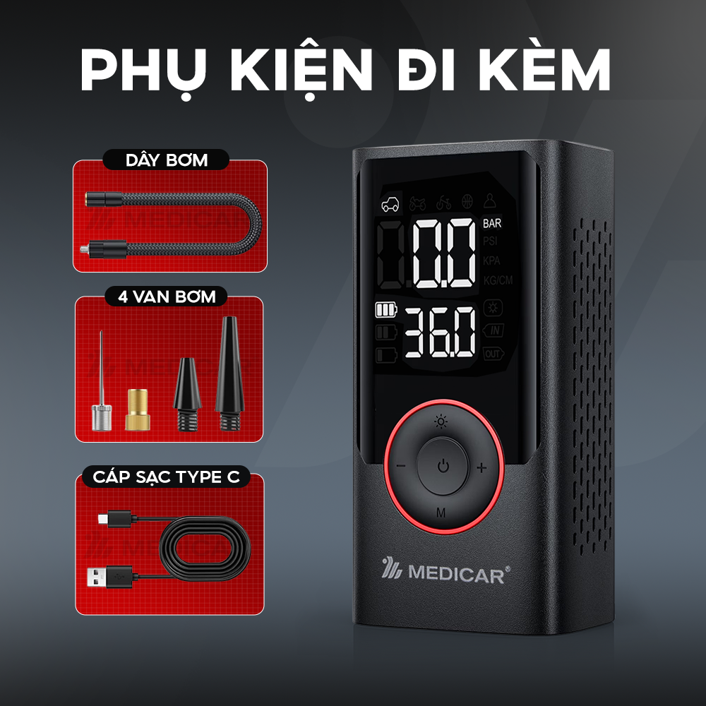 Trọn bộ sản phẩm máy bơm lốp ô tô Medicar chính hãng