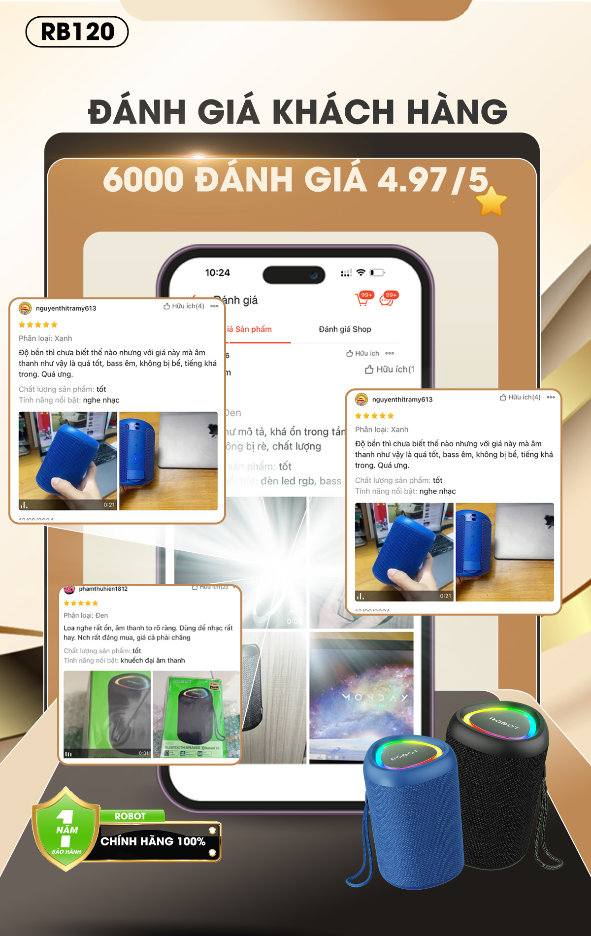 Loa Bluetooth Mini ROBOT RB120 Bass Mạnh công suất 5W LED RGB Kháng Nước IPX4 BH 12 THÁNG