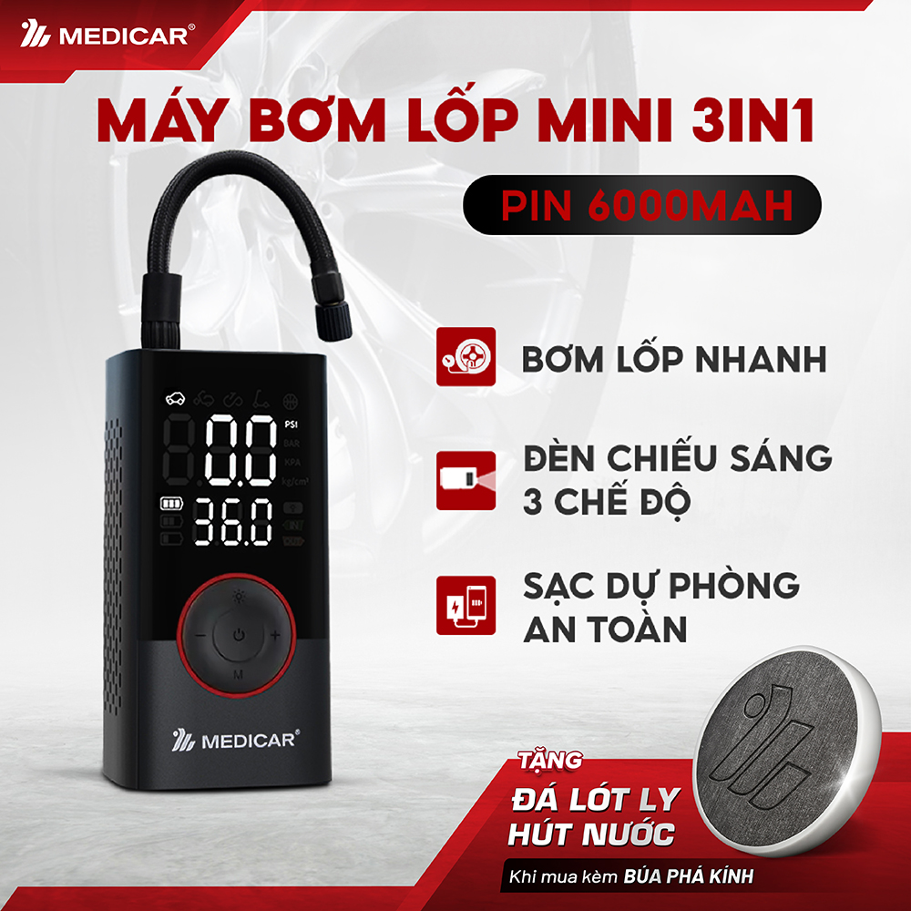 Máy bơm lốp ô tô tự ngắt Medicar nhỏ gọn cao cấp