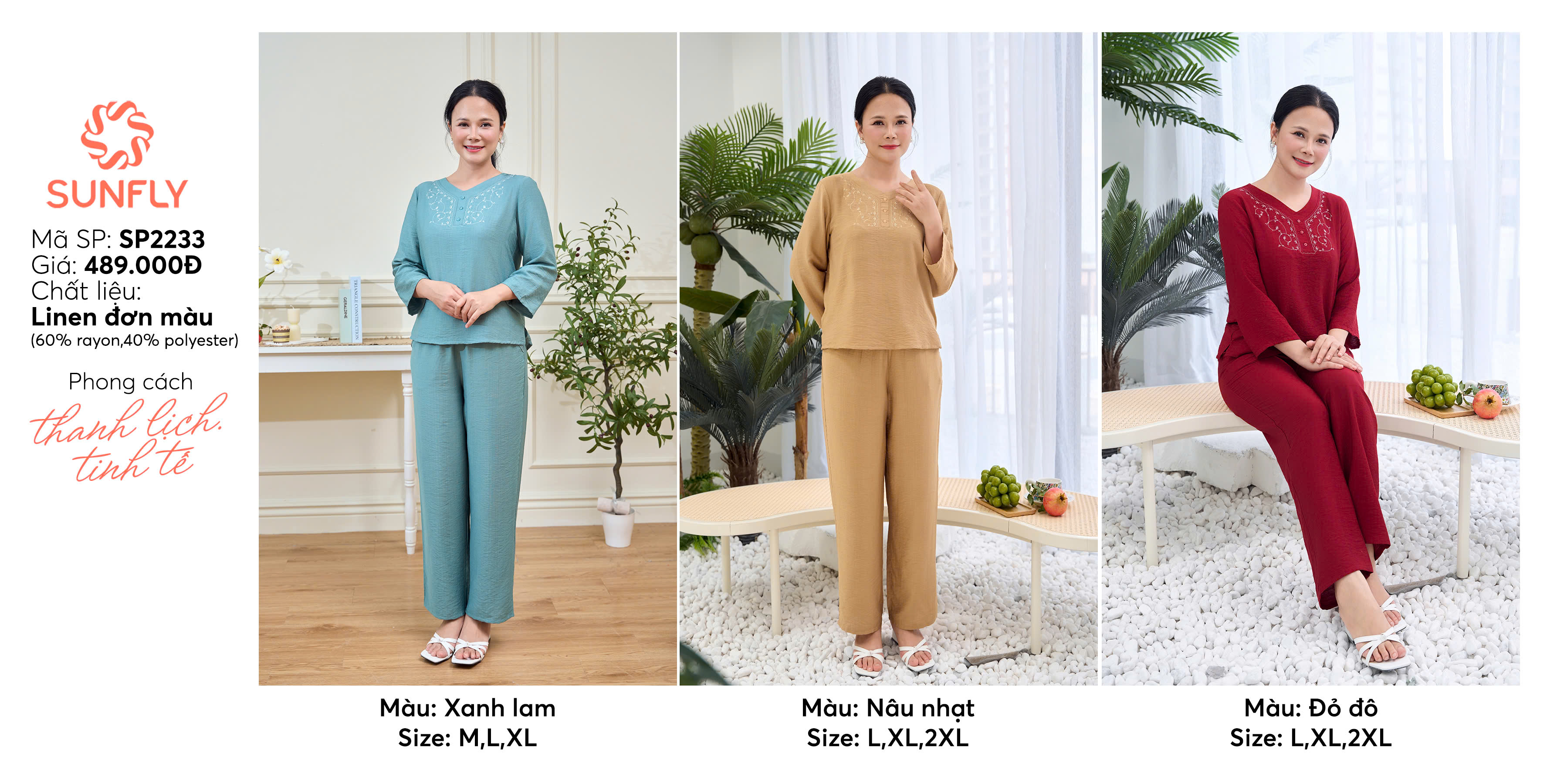 Đồ bộ mặc nhà nữ linen áo tay lỡ quần dài, bộ mặc nhà trung niên cho mẹ ...