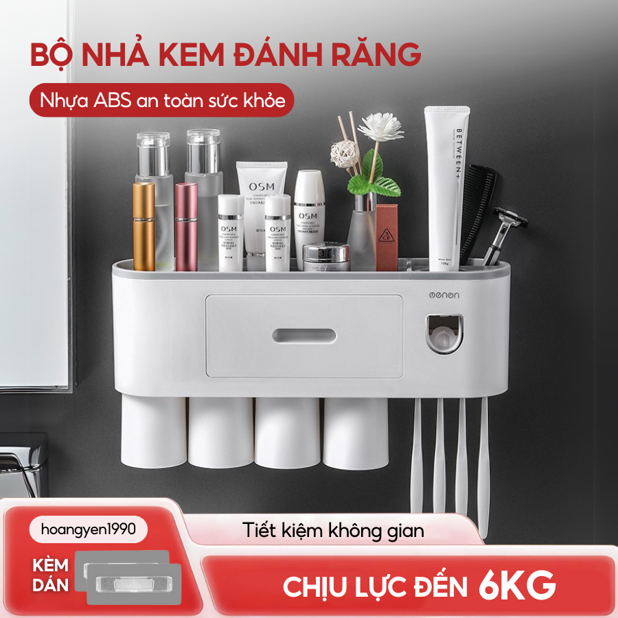 Bộ Nhả Kem Đánh Răng Tự Động, Kệ Để Bàn Chải Kem Đánh Răng Cao Cấp Oenon (Tặng Miếng Dán)
