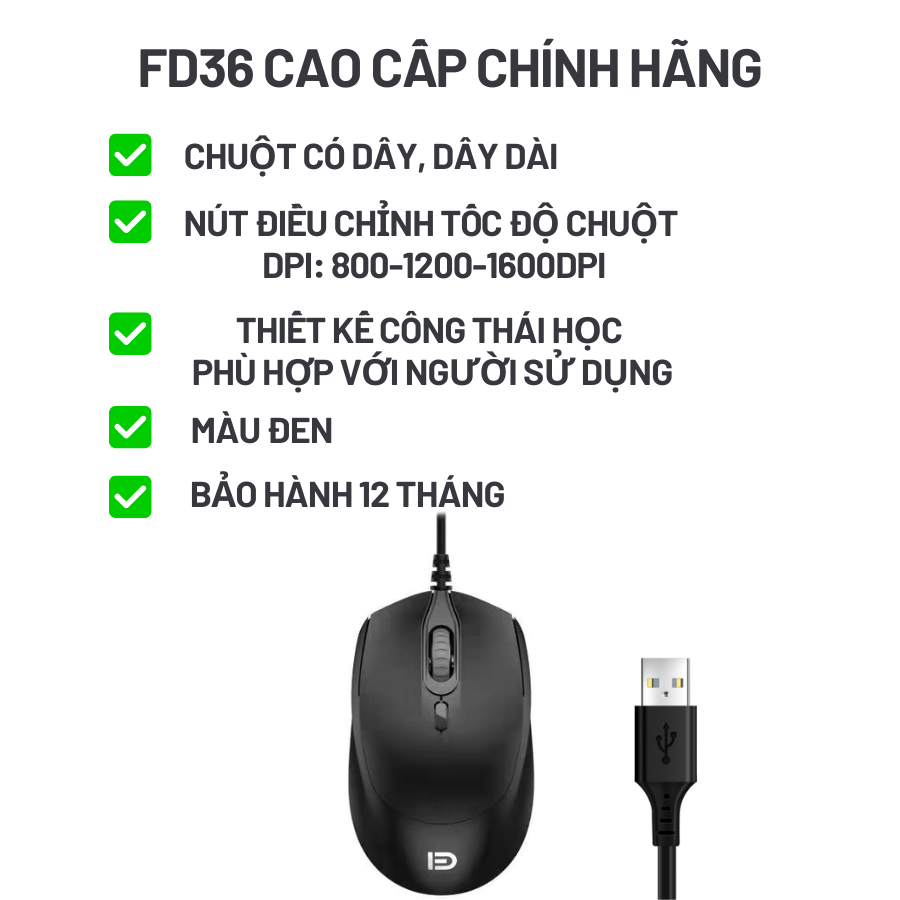 Chuột máy tính FD36 cao cấp, chuột vi tính laptop có dây 3 mức điều ...
