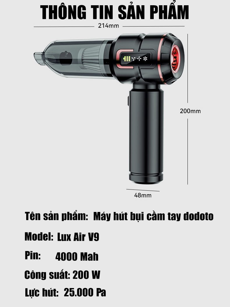 Máy hút bụi cầm tay mini không dây Lux Air V9