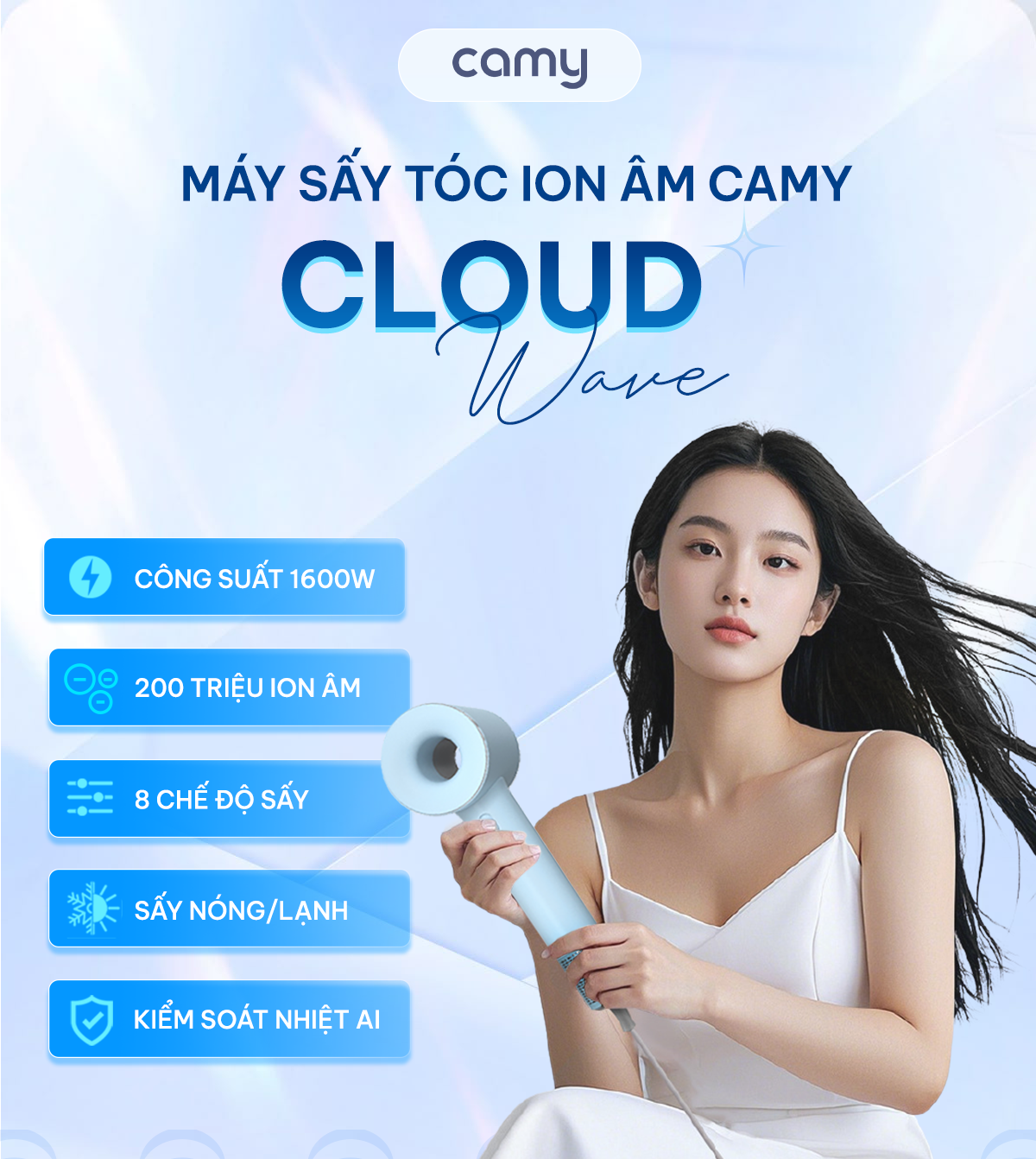 Máy sấy tóc ion âm Camy Cloud Wave 2 chiều nóng lạnh tốc độ cao 1600W ...