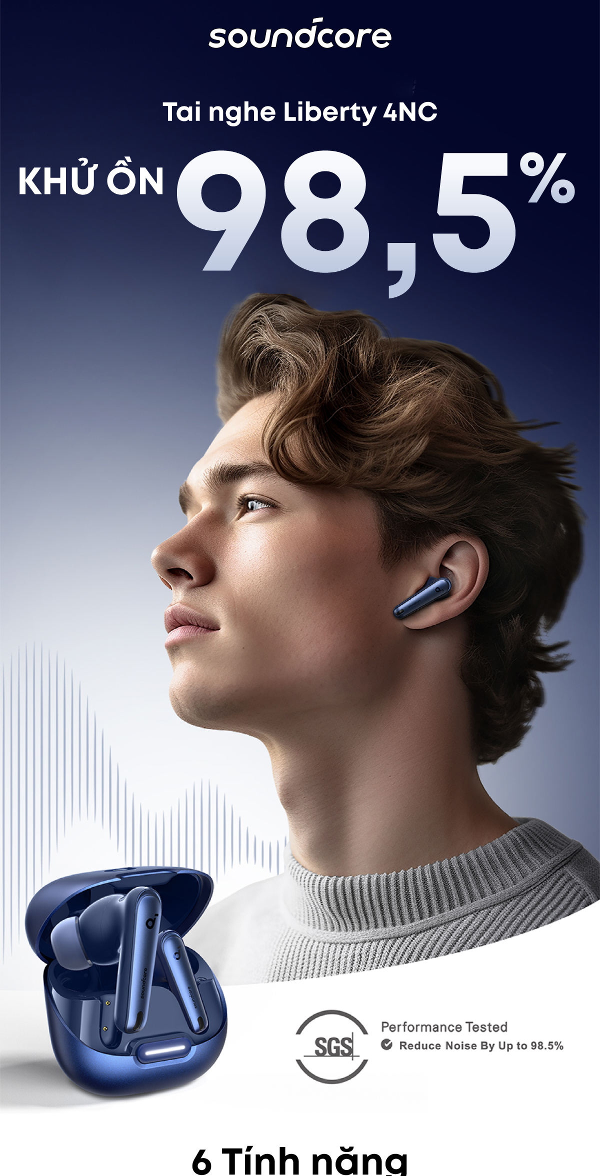 Tai nghe TWS Soundcore Liberty 4 NC sở hữu hệ thống chống ồn tân tiến giảm tạp âm đến 98.5%